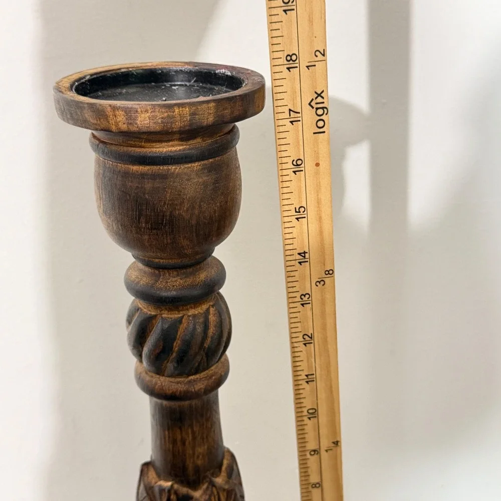 Vintage Wooden Pillar Candle Holder  18in Brown Hand Carved Pedestal